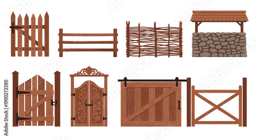 Extensive range of wooden fences and gates featuring diverse designs and materials including a well, isolated objects.