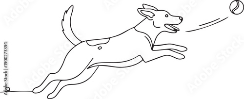 A simple black and white line drawing of a dog in mid-air, leaping to catch a tennis ball with its mouth open, showcasing dynamic movement and playful energy.