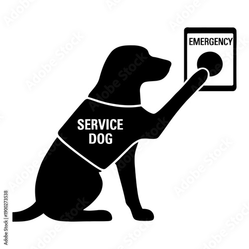 Illustration of silhouette of service dog pressing emergency button, assistance animal symbol