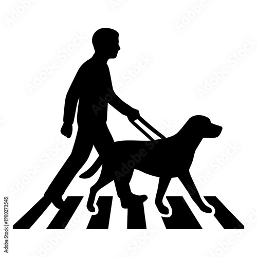 Illustration of guide dog leading visually impaired person across crosswalk icon silhouette