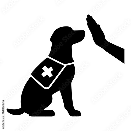 Illustration of silhouette of service dog sitting, giving high five to hand, medical cross symbol
