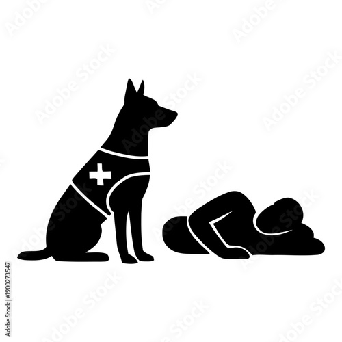 Illustration of service dog sitting next to person lying down icon silhouette