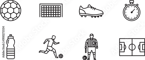 Black line icons for soccer, including a ball, goal, cleats, stopwatch, water bottle, player, referee, and field, perfect for sports and fitness designs.