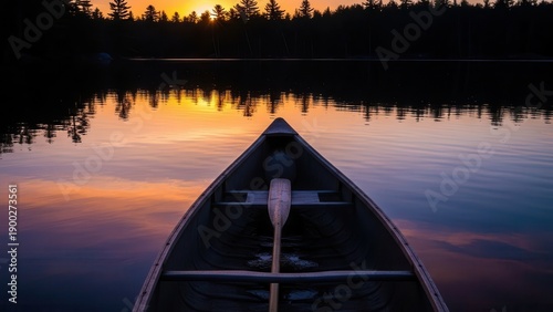 Canoe with a weathered oar on a tranquil lake at sunset, reflecting the colorful sky
