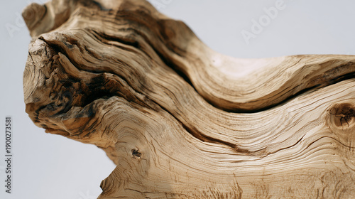 Madera erosionada con formas curvas, nudos visibles y relieve natural, mostrando efectos del envejecimiento y exposición ambiental, para decoración, arte orgánico o análisis de texturas en diseño