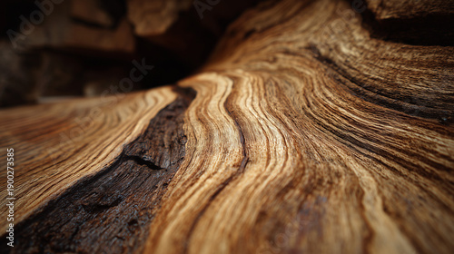 Madera con vetas onduladas en tonos marrones claros y oscuros, resaltando contraste natural, estructura fibrosa belleza orgánica para diseño, carpintería o estudio de materiales vegetales. Carpintero
