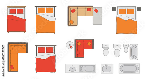 Top-down floor plan elements for bedrooms and bathrooms, featuring beds, sofas, and fixtures, organized layout.