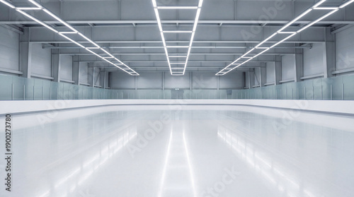 Empty ice rink with smooth reflective surface and bright LED lights overhead creating spacious atmosphere. Ice rink features minimalist design with bright lighting emphasizing clarity and openness.