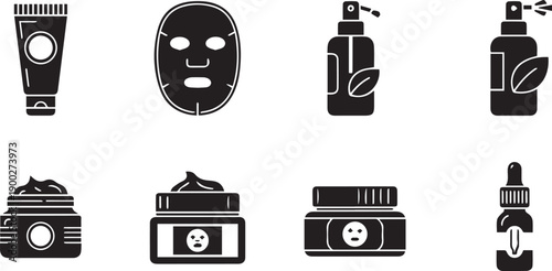 Black icons of various skincare products and face masks on white background for beauty and cosmetic concepts.