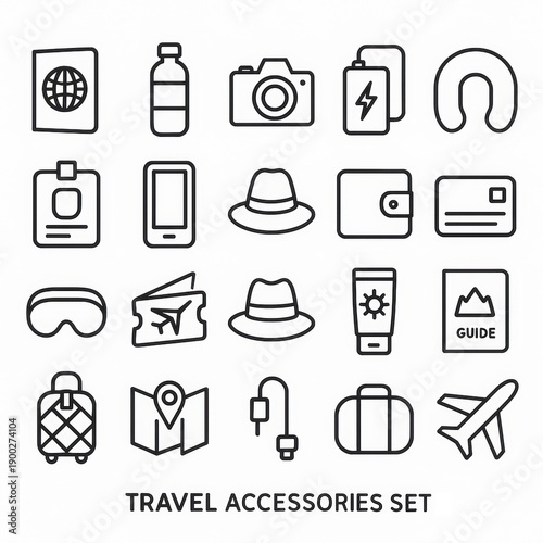 Travel Accessories Icon Set. Passport, Camera, Bottle, Powerbank, Map, Luggage