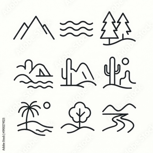 Minimalist Nature and Landscape Icons Set. Mountains, Ocean, Desert, Forest