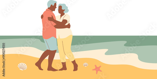 An elderly couple dancing on a beautiful beach with a serene ocean view