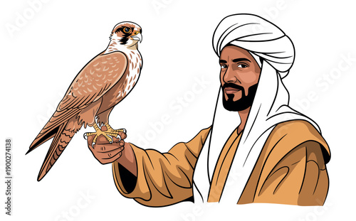 A man in traditional Middle Eastern attire holds a majestic falcon on his hand.