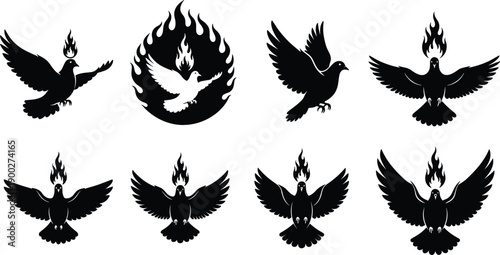 Black dove and pigeon silhouettes with flame symbols representing holy spirit rebirth and divine fire vector icon set