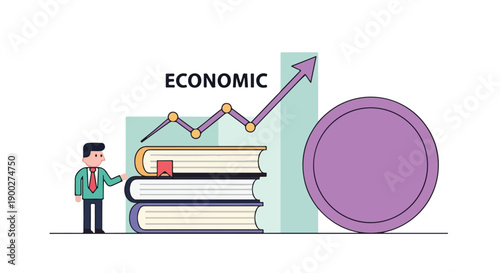 Economic growth and financial education concept with businessman, books, rising graph, and coin. Illustrates investment, success, and learning for future prosperity.