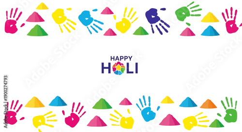 Happy Holi Greeting with Colorful Handprints and Powder Piles, Celebrating Festival of Colors
