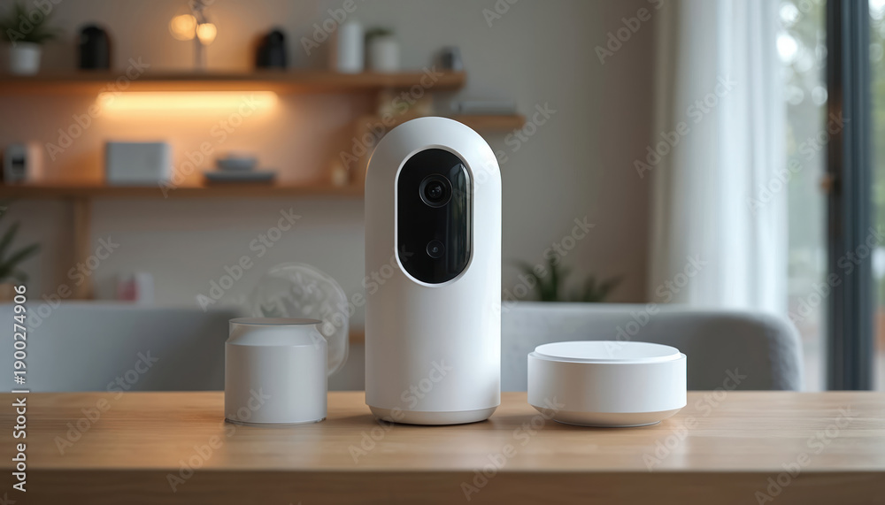 custom made wallpaper toronto digitalSmart home security camera and devices sit on wooden table. Modern white tech equipment for house protection and safety. Interior decor for secure living.