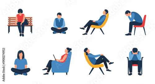 Diverse individuals in various sitting postures on benches, chairs, and floor, expressing different moods, isolated