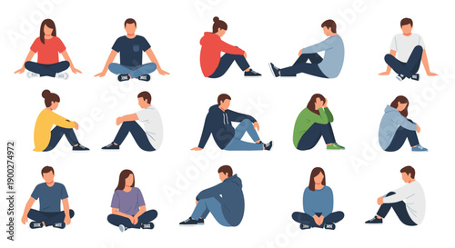 Many individuals sitting casually on the floor in diverse relaxed and comfortable positions, isolated figures, simple