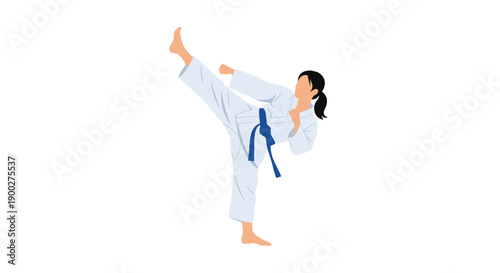 Focused female martial artist in white gi and blue belt balancing on one leg, poised for a high kick, isolated pose.