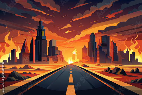 The cracked road leading to the metropolis is burning at night under the dark ominous clouds. The flames ignite the scenery next to the skyscrapers of the highway. Cinematic scene.