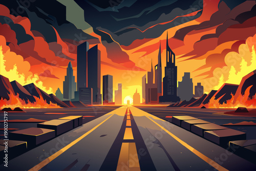 The cracked road leading to the metropolis is burning at night under the dark ominous clouds. The flames ignite the scenery next to the skyscrapers of the highway. Cinematic scene.
