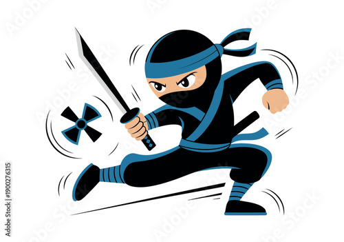 A cartoon ninja in a dynamic pose, wielding a sword and throwing a shuriken.