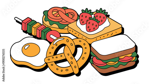 A colorful cartoon illustration of various foods including sandwiches, pretzels, and fruit.