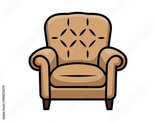 A comfortable cartoon armchair with a tufted backrest and wooden legs