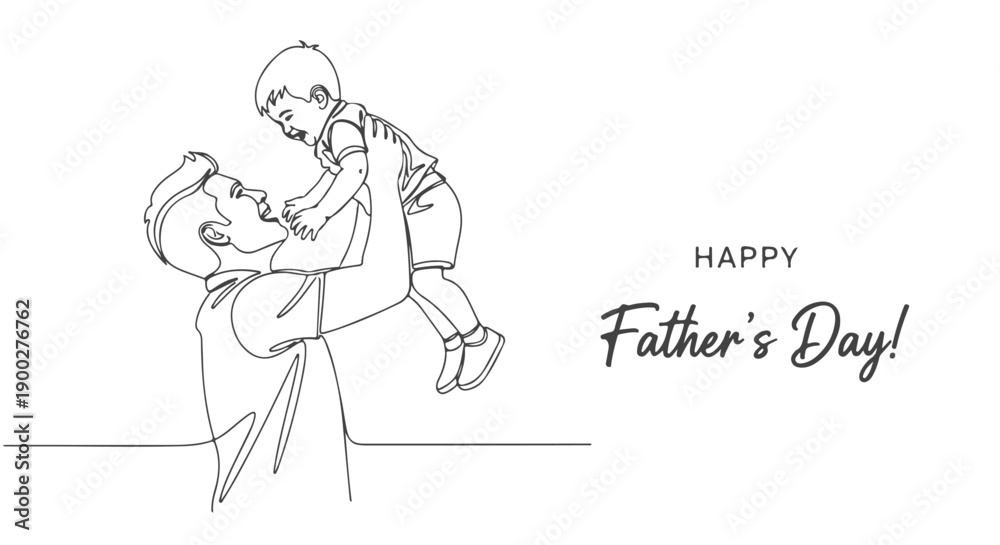 Obraz premium Happy Father's Day! A beautiful one line art illustration of a father holding his son in continuous drawing. A heartwarming moment captured in a single line