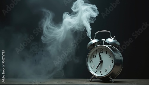 Alarm clock billows smoke in dim light. Vintage time piece with smoke rising suggests mystery and suspense. Dark background adds eerie, ominous mood. Object represents fading time.