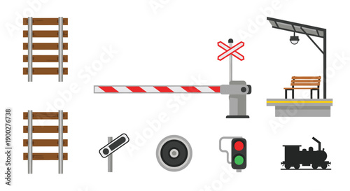 Collection of railroad infrastructure elements including tracks, crossing barrier, platform, and signals, transport
