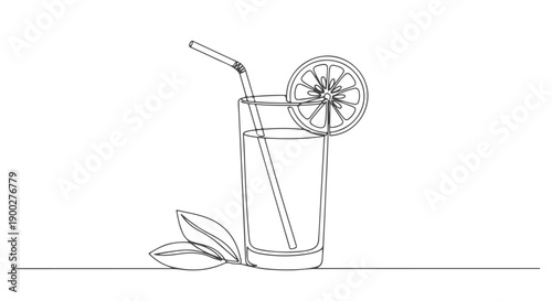 A Simple One Line Art Continuous Drawing of a Refreshing Drink with a Lemon Slice and Leaves
