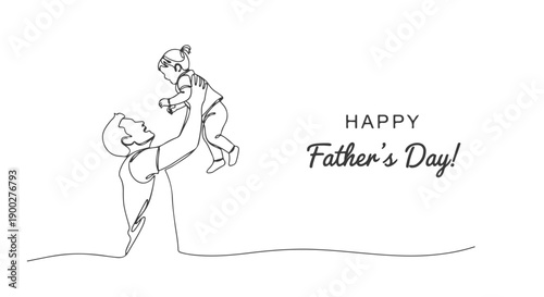 Happy Father's Day one line art continuous drawing of a dad lifting his child in the air