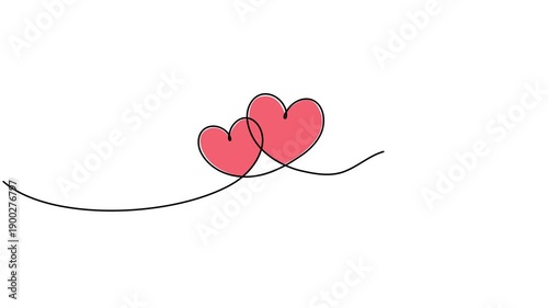 Two red hearts shapes continuous line drawing animation video. Charity donation linear concept animation. Family concept.