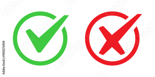 Green Check Mark and Red Cross Mark Icon Set in Circles for Approval and Rejection Decision Symbols
