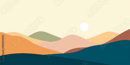 Minimalist Abstract Landscape Vector Background with Rolling Hills Sun and Mountains in Earthy Tones
