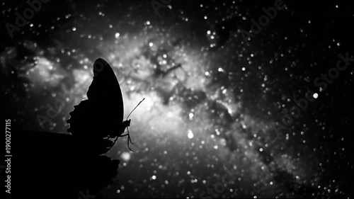 A silhouette of a butterfly against a backdrop of a starry night sky, rendered in black and white