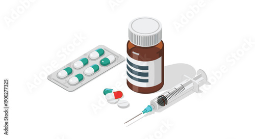 Isometric collection of medical supplies, including blister pack pills, medicine bottle, and syringe, health care.