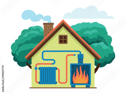 An illustration of a house with a heating system and a wood burning stove