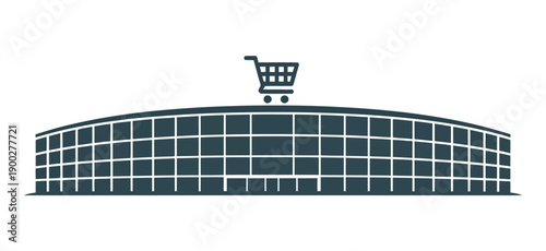 A shopping cart icon on top of a large building with a grid pattern