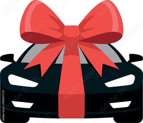 A black car with a large red bow on the front, symbolizing a gift or a special occasion.