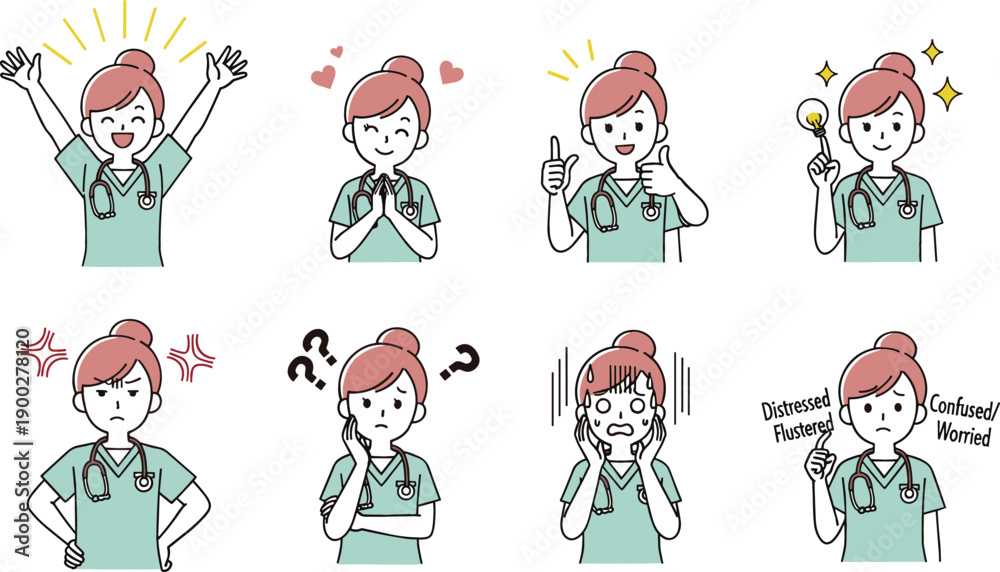 Naklejka premium Female medical professional character expression set with eight different emotions including joy anger confusion and inspiration for healthcare
