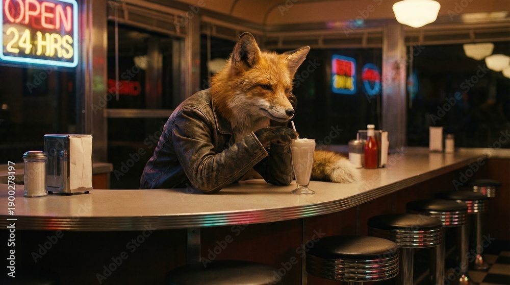 Fototapeta premium Fox in leather jacket sitting at diner counter drinking milkshake. Anthropomorphic animal character at retro restaurant for narrative.