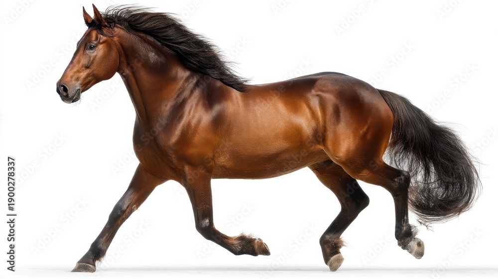 Obraz premium Majestic brown horse galloping gracefully with flowing mane against white background.