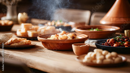 Festive Easter Table with Food, Candles and Copy Space