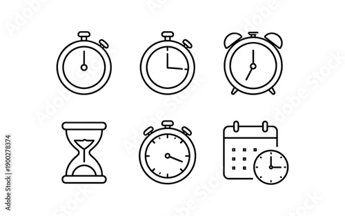 Collection of timekeeping icons including stopwatch, alarm clock, hourglass, and calendar