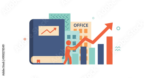 Business growth strategy and education for financial success. Flat vector illustration showing a person pushing a bar chart, book, and office.