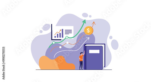 Financial education and investment growth concept. Person studies book, charts, graphs, dollar coin. Symbolizes business success, market prosperity.