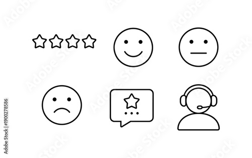 Customer feedback icons: stars, emoticons, speech bubble, and support agent